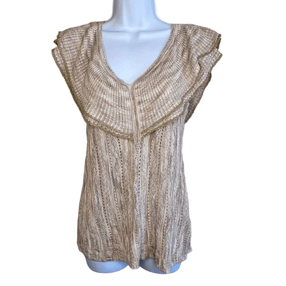 White‎ House Black Market Sweater Shell Tan Gold Ruffle Pointelle Womens XS NWT